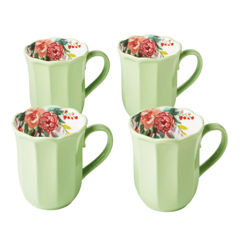 Pioneer Woman Painted Meadow Ceramic Mugs 4pc Cups Green Floral Kitchen Gift NEW